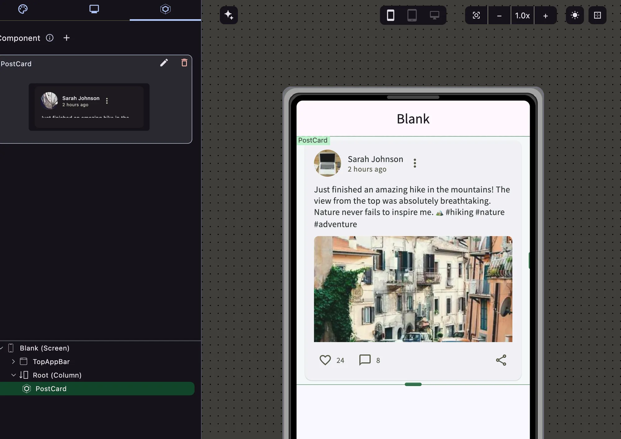 The DragBuilder canvas: a library of ready-made pieces on the left, a live preview of the real app in the center, and its settings on the right.
